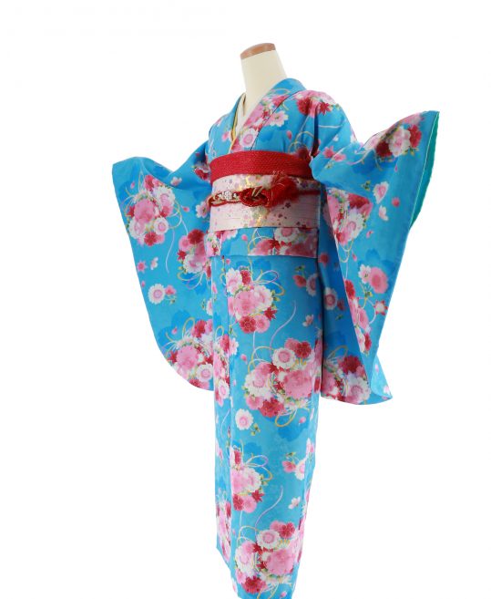 十三参り用の女の子着物[ガーリー]水色にピンクの桜[身長161cmまで]No.632